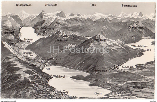 Rigi-Panorama - Cham - Zug - Walchwyl - Arth - map - 7738 - Switzerland - old postcard - 1950 - used - JH Postcards