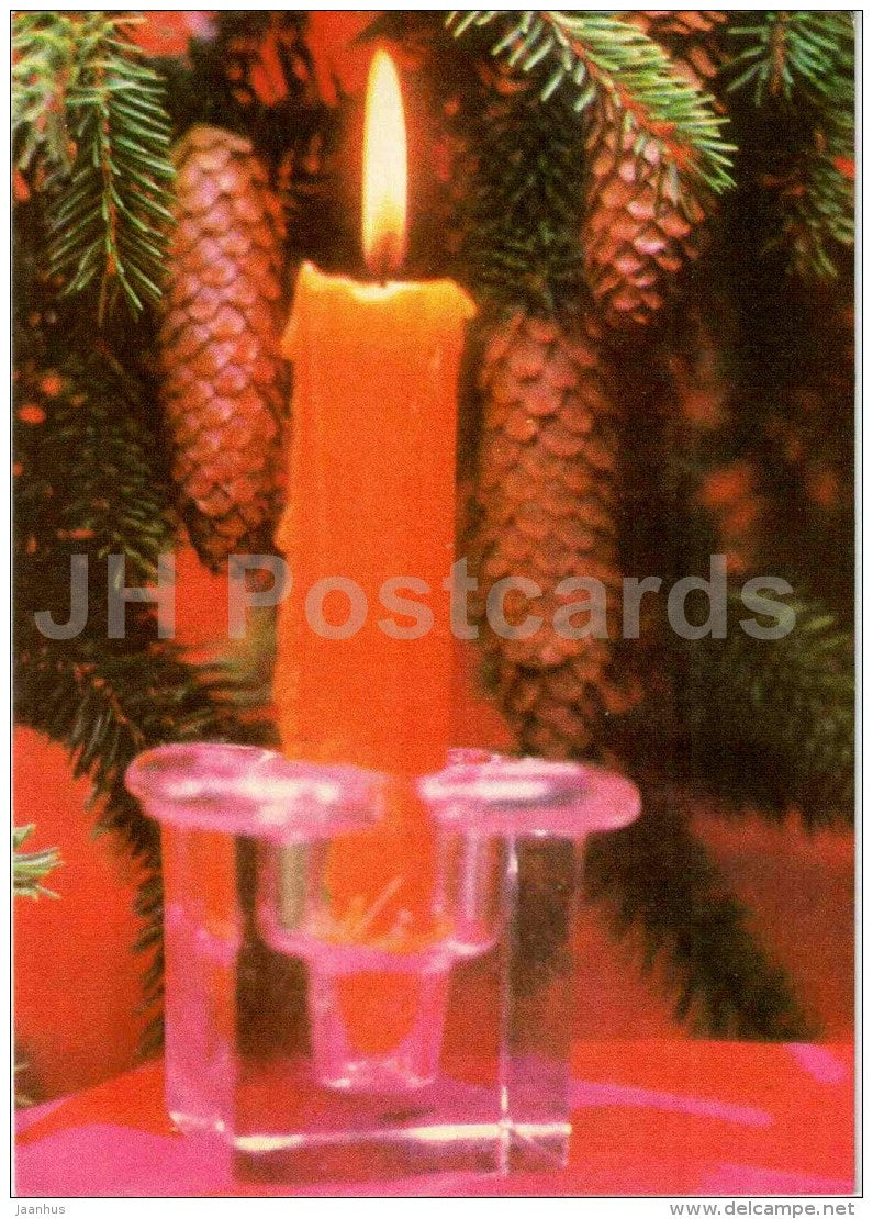 New Year Greeting Card - candle - fir cones - 1976 - Estonia USSR - unused - JH Postcards