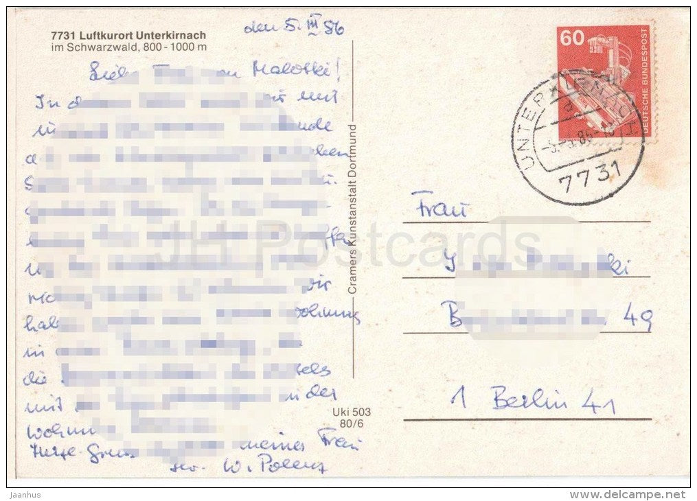 Luftkurort Unterkirnach im Schwarzwald - 7731 - Germany - 1986 gelaufen - JH Postcards