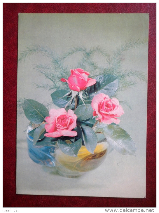 Greeting Card - roses - vase - flowers - 1981 - Russia USSR - used - JH Postcards