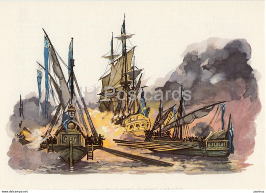 Battle of Gangut , 1714 - warship - sailing ship - History of Russian Navy - 1975 - Russia USSR - unused - JH Postcards