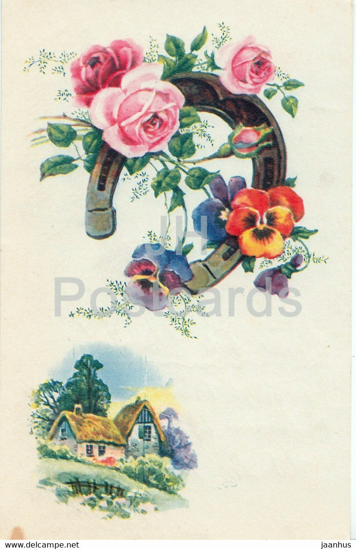 flowers - horseshoe - house - illustration - 369-2 - old postcard - France - used - JH Postcards