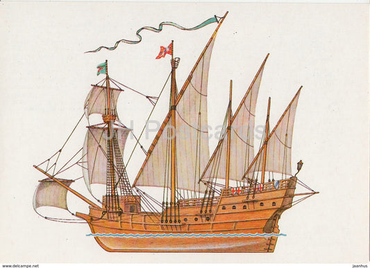 Portugese Caravel - sailing ship - illustration - 1989 - Russia USSR - unused - JH Postcards