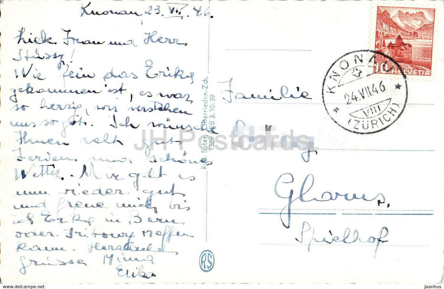 Knonau Schloss - Schloss - 1541 - alte Postkarte - 1946 - Schweiz - gebraucht