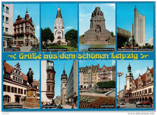 Grüsse aus dem schönen Leipzig - Klingers Haus - Völkerschlachtdenkmal - Goethedenkmal - Germany - 1996 gelaufen - JH Postcards