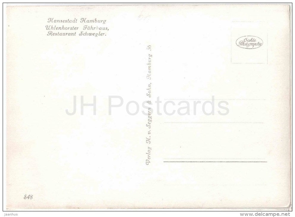 Hansestadt Hamburg - Uhlenhorster Fährhaus , restaurant Schwegler - 848 - Germany - ungelaufen - JH Postcards