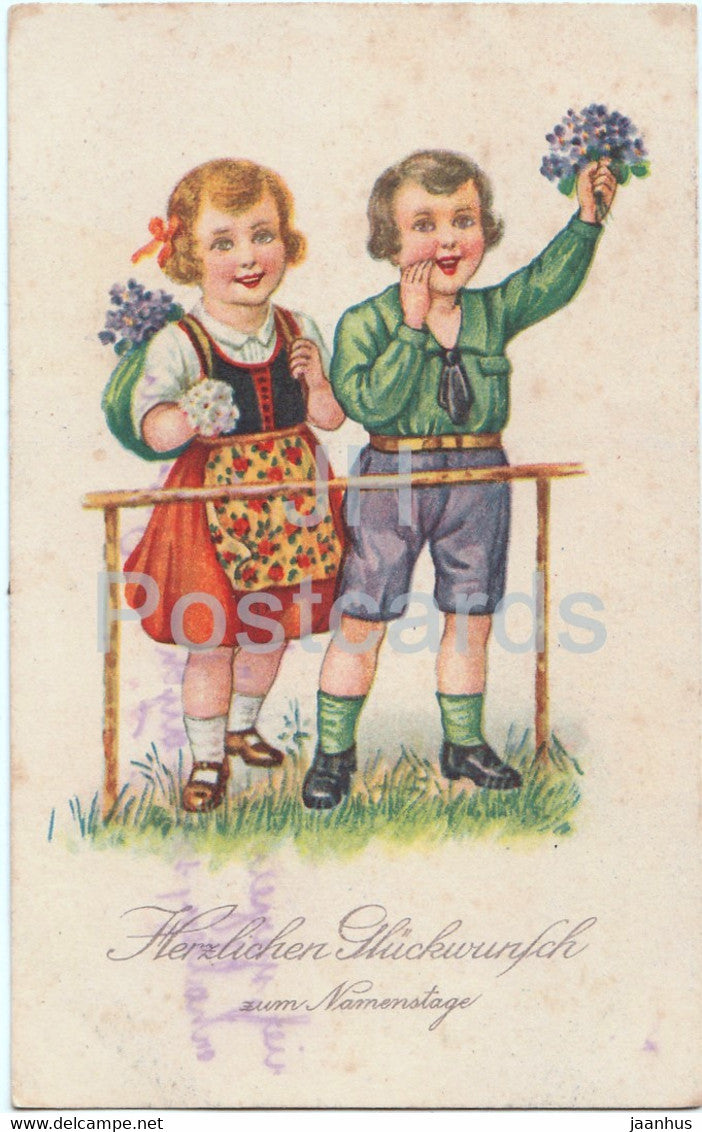 Greeting Card - Herzlichen Gluckwunsch zum Namenstage - boy and girl - ERIKA 6106 - old postcard - Germany - used - JH Postcards