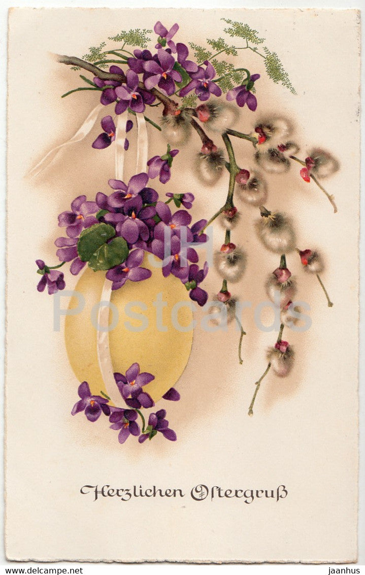 Easter Greeting Card - Herzlichen Ostergruss - flowers - egg - old postcard - 1935  Germany - used - JH Postcards