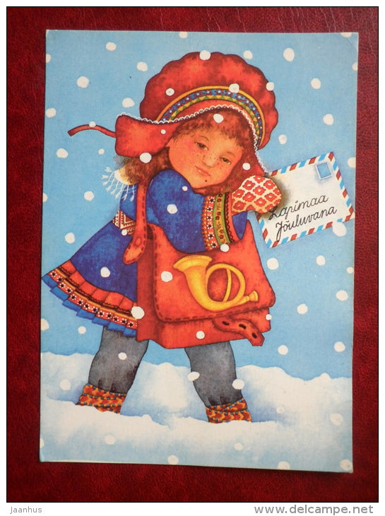 New Year Greeting card - by Viive Noor - mail carrier - posthorn - 1989 - Estonia USSR - used - JH Postcards