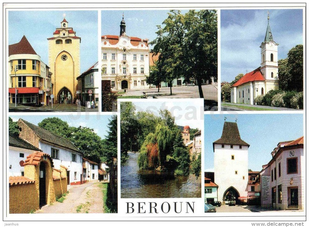 Beroun - Pilsen Gates - Town Hall - Church of the Annunciation of the Virgin Mary - Czech Republic - used 1994 - JH Postcards