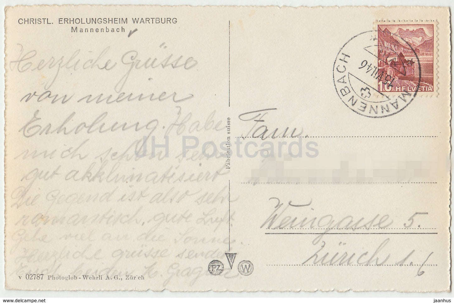 Christl. Erholungsheim Wartburg - Mannenbach - 02787 - Switzerland - 1946 - used