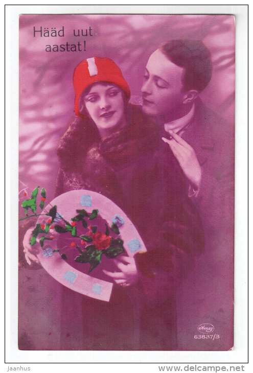 New Year greeting card - man an woman - couple - horseshoe - Amag 63837 old postcard - circulated in Estonia 1928 - used - JH Postcards