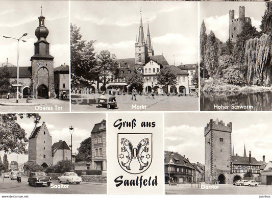 Gruss aus Saalfeld - Oberes Tor - Markt - Hoher Schwarm - Saaltor - Darrtor - car Volga - Germany DDR - unused - JH Postcards