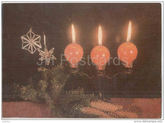 New Year Greeting card - 1 - cones - decorations - candles - 1971 - Estonia USSR - used - JH Postcards