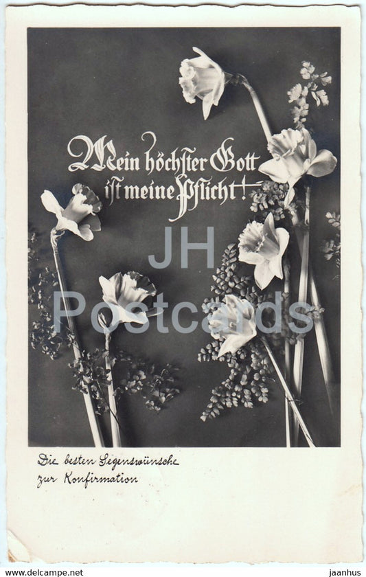 Mein hochster Gott ist meine Pflicht - flowers - narcissus - NPG 4472 - old postcard - 1940 - used - JH Postcards