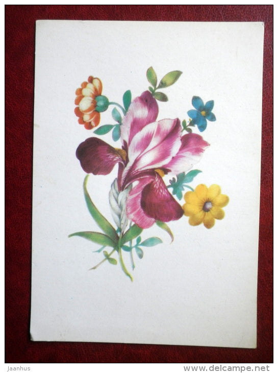 Greeting Card - iris - details of painted decoration on porcelain , Meissen - flowers - 1974 - Russia USSR - used - JH Postcards