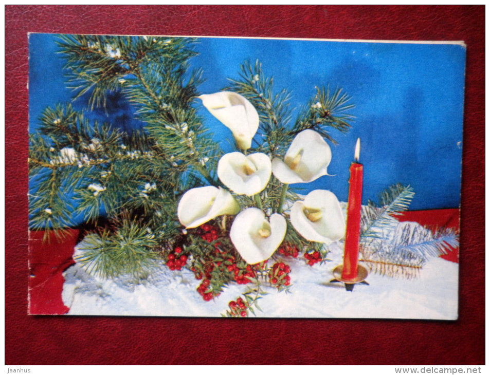 New Year Greeting card - candle - flowers - 1970 - Russia USSR - used - JH Postcards