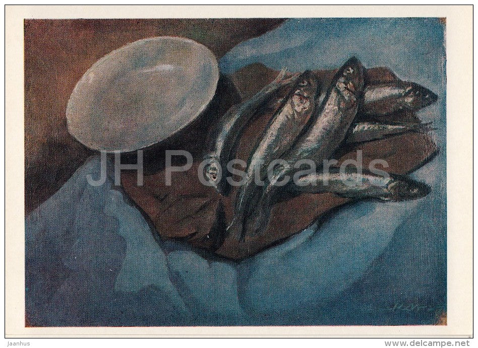 painting by A. Karvovsky - large fish on blue tablecloth , 1947 - Russian art - Russia USSR - 1980 - unused - JH Postcards