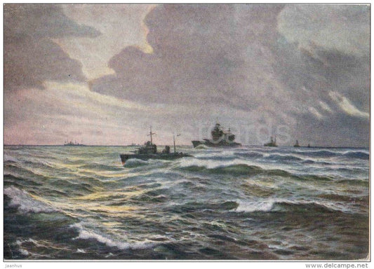 painting by E. Lvov - On guard of maritime borders - warship - barrleship - russian art - unused - JH Postcards