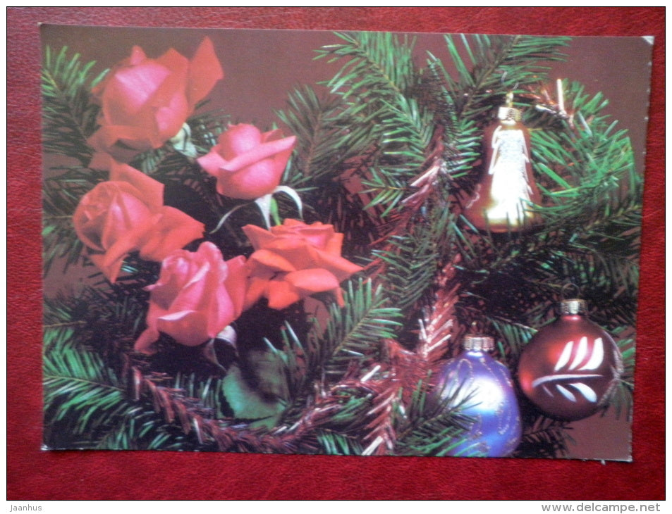 New Year Greeting card - red roses - decorations - 1990 - Russia USSR - used - JH Postcards