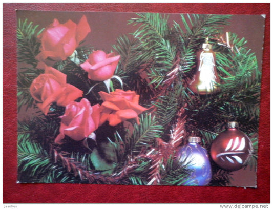 New Year Greeting card - red roses - decorations - 1990 - Russia USSR - used - JH Postcards