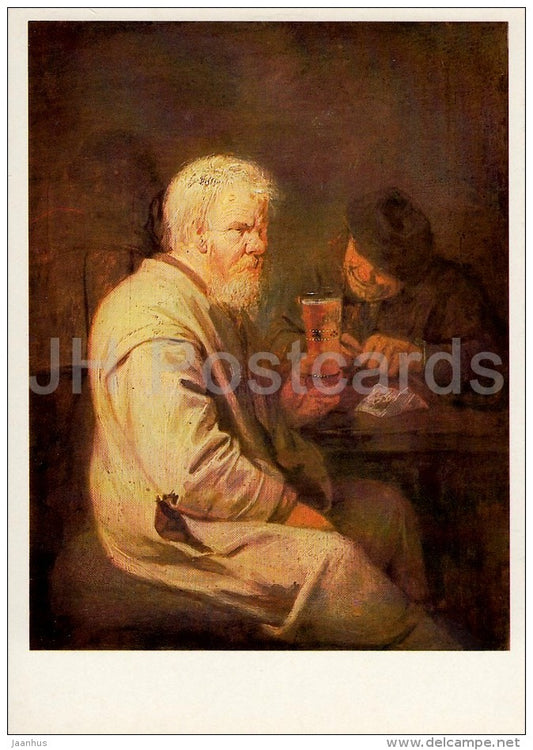 painting by Adriaen Brouwer - Singing innkeeper - old man - drinking - Flemish art - Russia USSR - 1984 - unused - JH Postcards