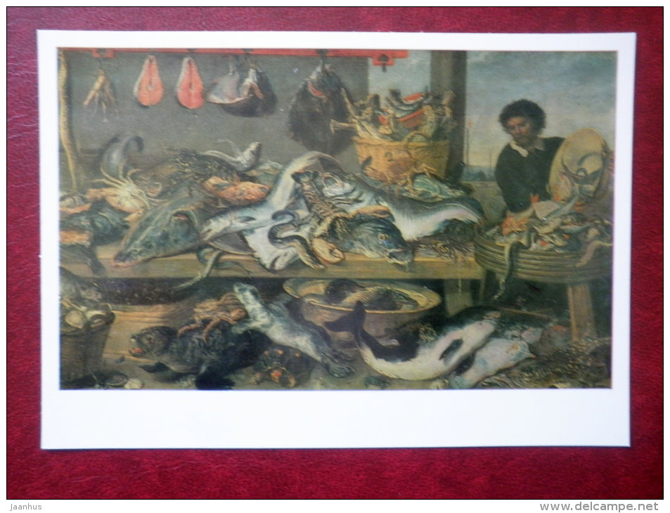 painting by Frans Snyders , Fish Shop - sturgeon - flemish art - unused - JH Postcards