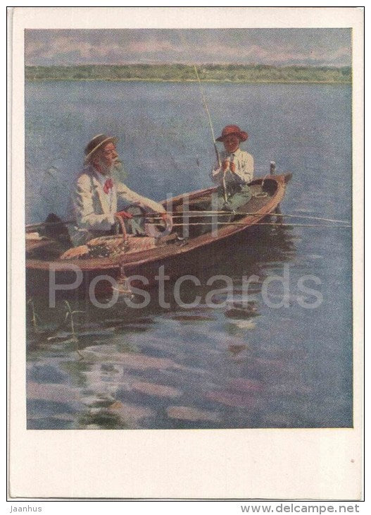 painting by V. Makovsky - Fisherman - old man and boy - boat - russian art - unused - JH Postcards