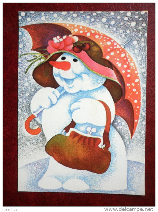 New Year Greeting card - by Ü. Meister - snowman - umbrella - 1989 - Estonia USSR - used - JH Postcards