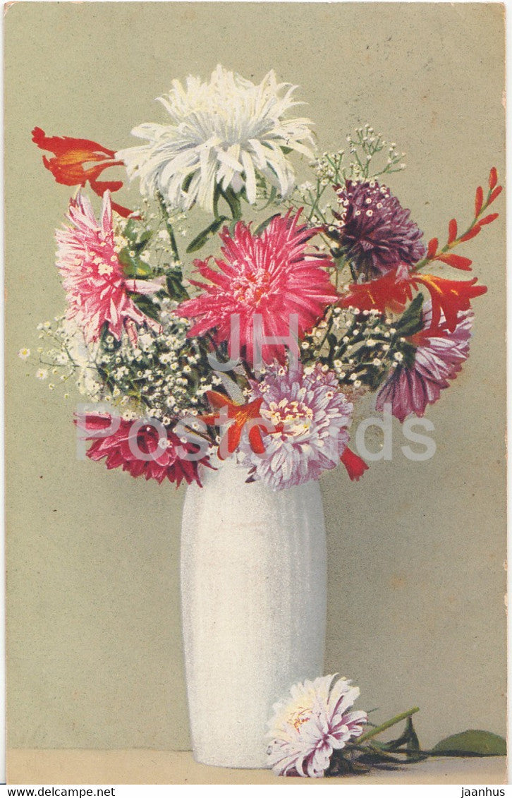 Chrysanthemum in a vase - flowers - NZC Serie 232 - old postcard - 1920s - used - JH Postcards