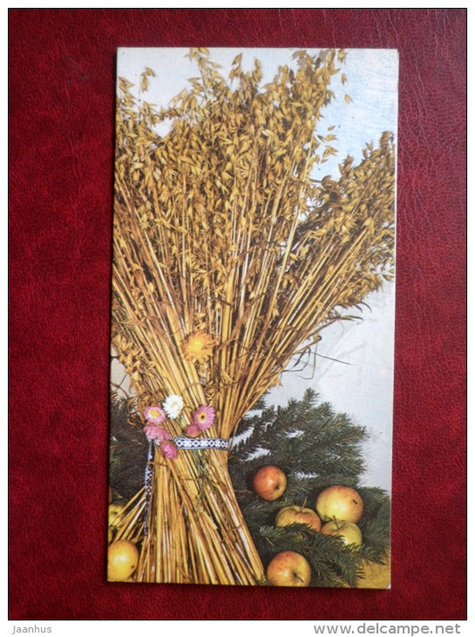 New Year mini Greeting card - oats - apples - flowers - 1987 - Estonia USSR - used - JH Postcards