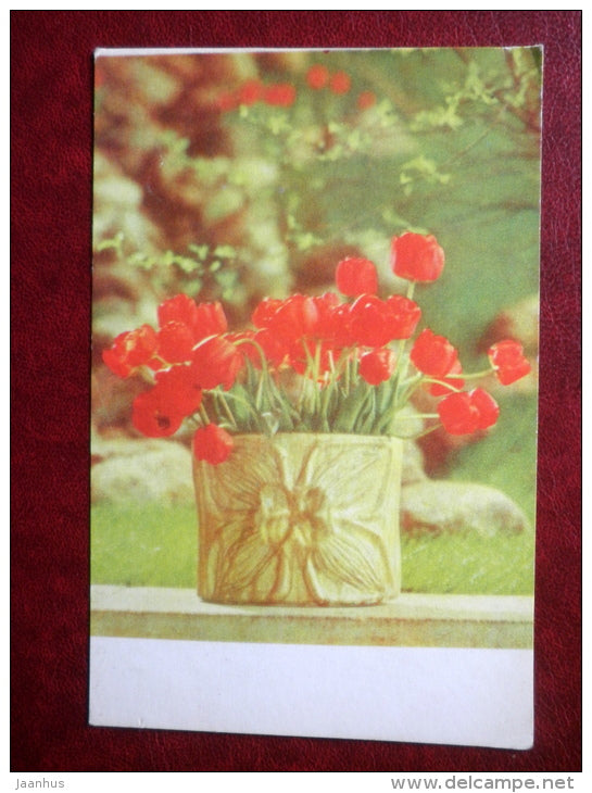 Greeting Card - red tulips - flowers - 1975 - Estonia USSR - used - JH Postcards