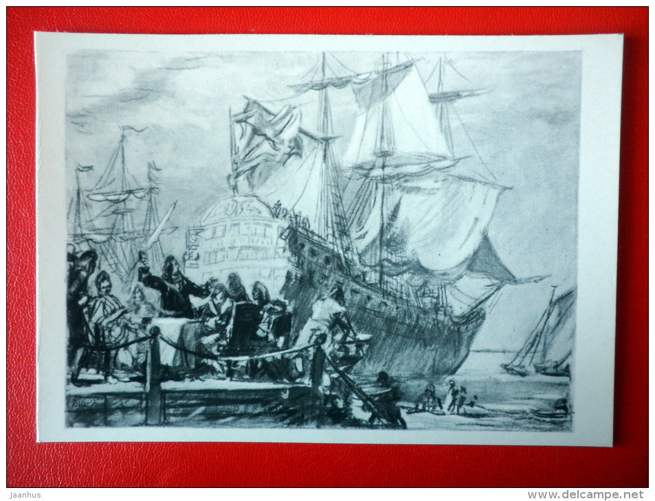 illustration by D. Shmarinov . Sailing Ship - Novel by A. Tolstoy Peter I - 1978 - Russia USSR - unused - JH Postcards