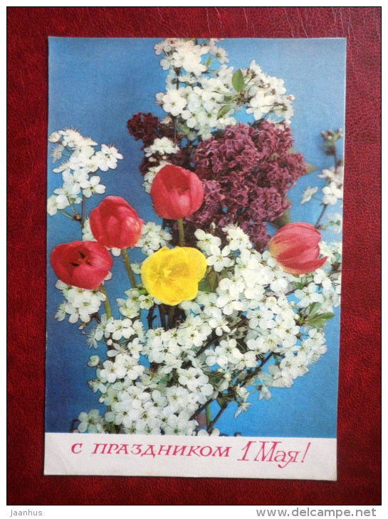 May 1st Greeting Card - bird cherry - tulips - flowers - 1976 - Russia USSR - used - JH Postcards