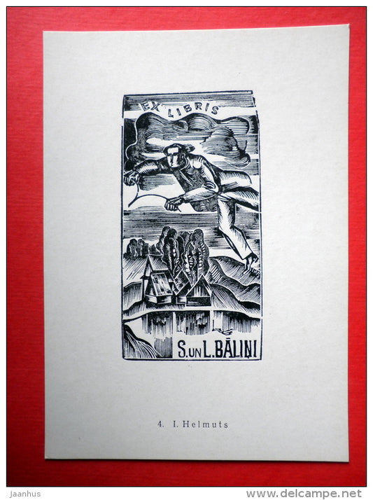 Ex Libris - S. and L. Balini - illustration by I. Helmuts - man - 1977 - Latvia USSR - unused - JH Postcards