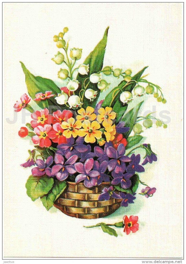 illustration by Kurtenko - basket - lily-of-the-valley - flowers - postal stationery - 1989 - Russia USSR - used - JH Postcards