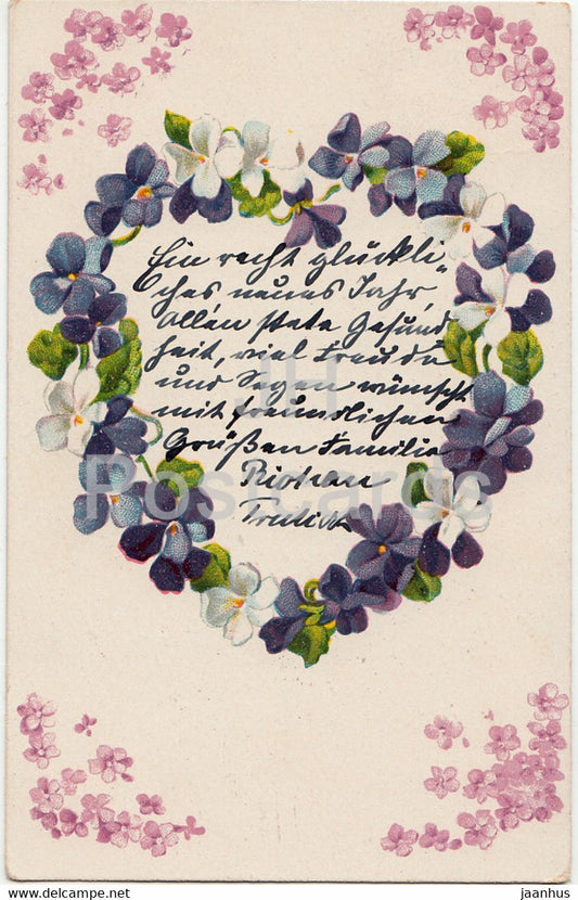 Greeting Card - flowers heart - old postcard - Germany - used - JH Postcards