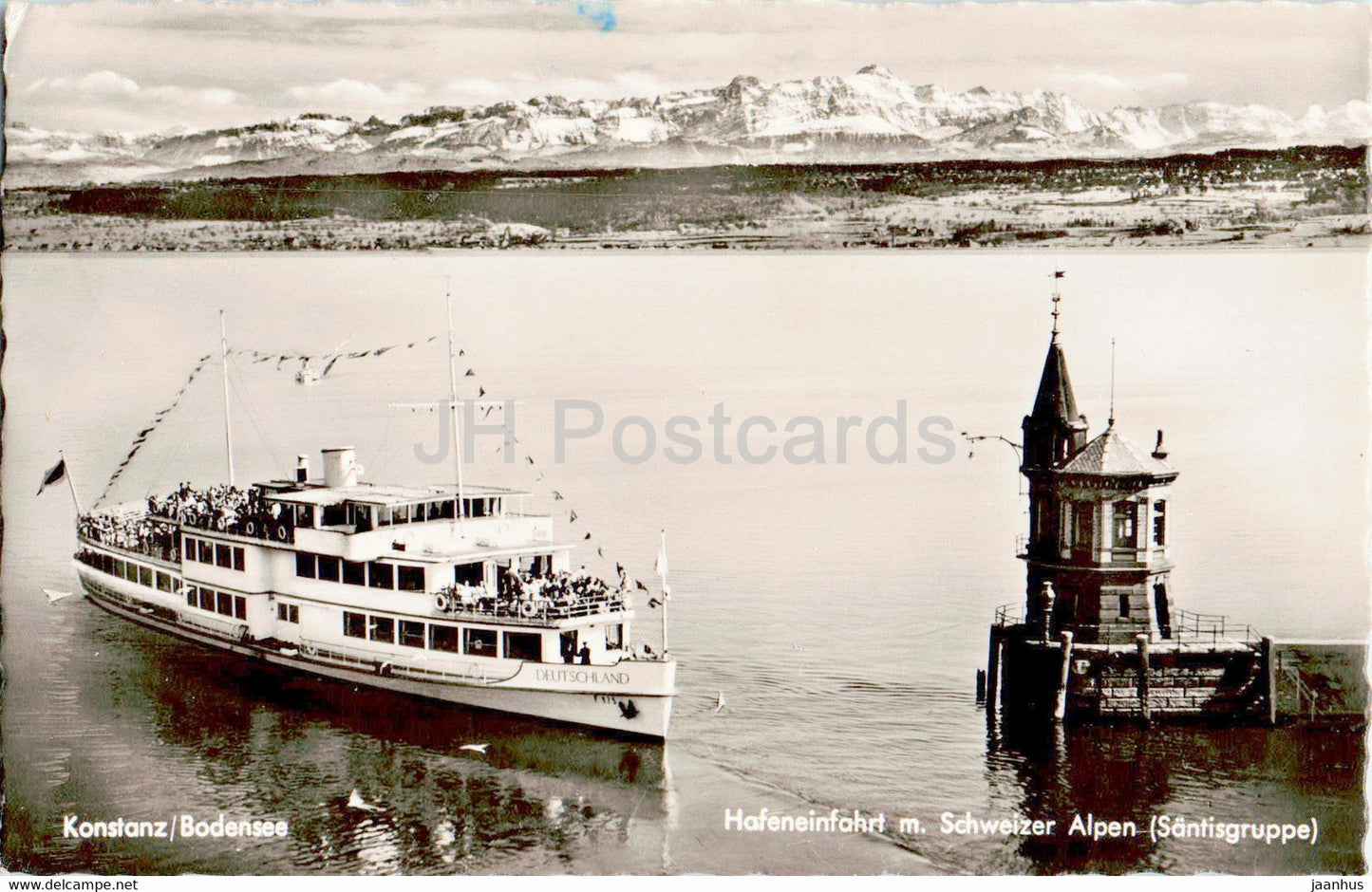 Konstanz - Bodensee - Hafeneinfahrt m Schweizer Alpen - ship Deutschland - old postcard - 1954 - Germany - used - JH Postcards