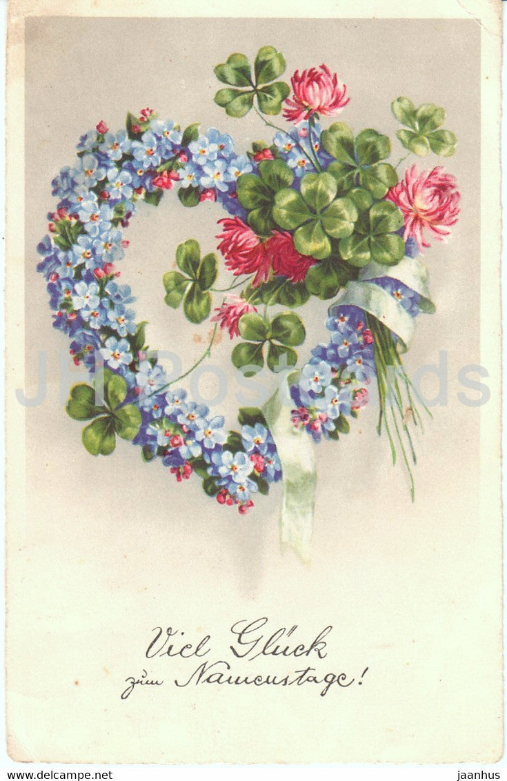 Greeting Card - Viel Gluck zum Namenstage - flowers - illustration - BR 3877 - old postcard - 1937 - Germany - used - JH Postcards