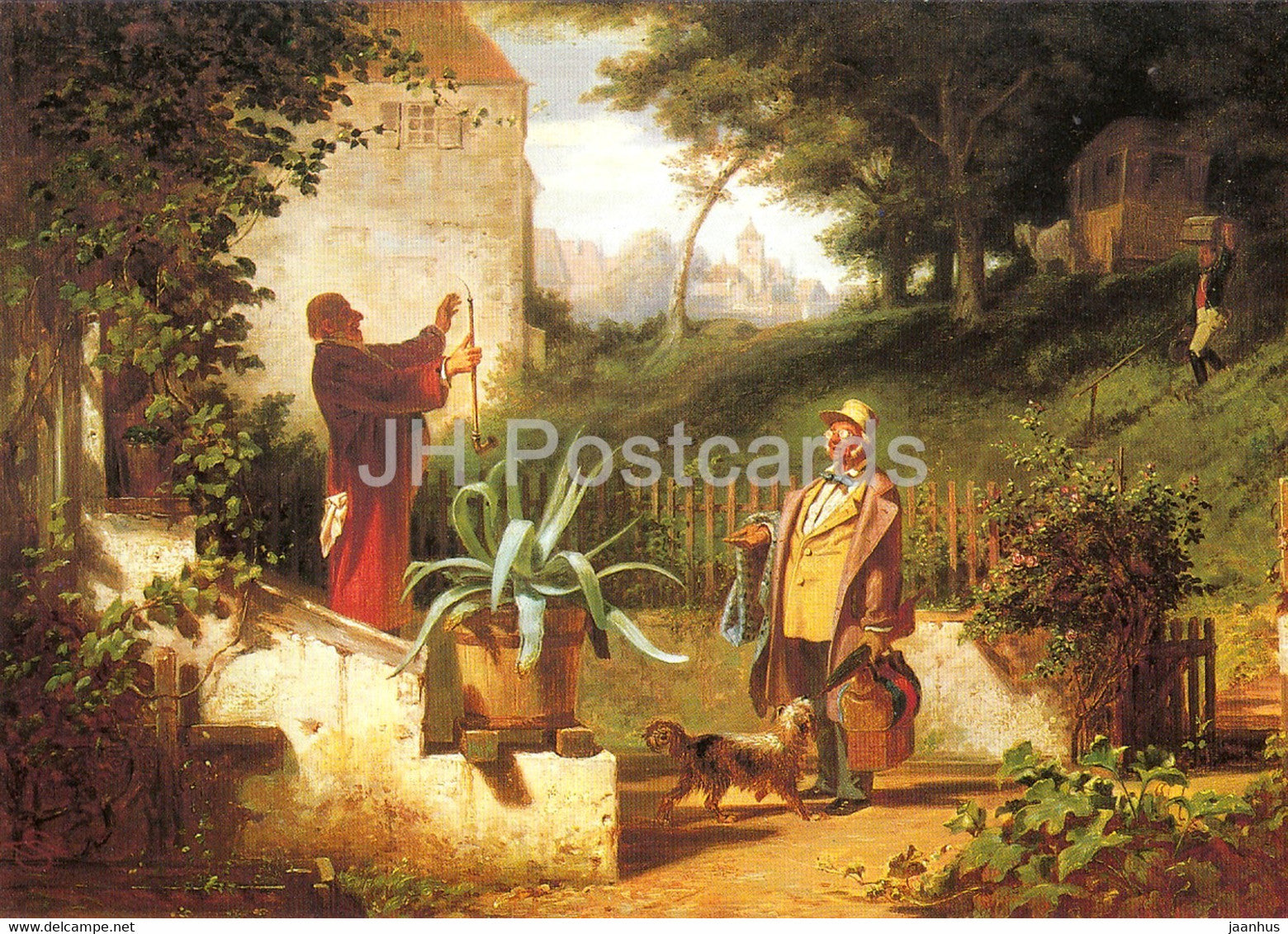 painting by Carl Spitzweg - Die Jugendfreunde - The Schoolfriends - dog - German art - Germany - unused - JH Postcards