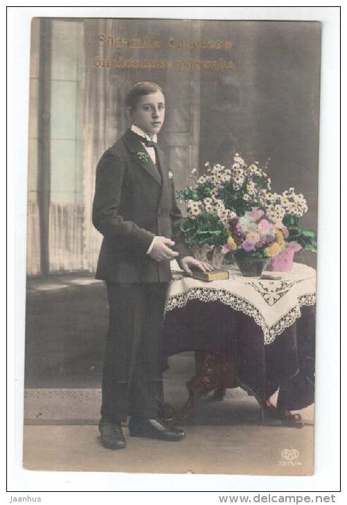 Young Man - book - flowers - EAS 7215/4 - old postcard - circulated in Estonia - used - JH Postcards