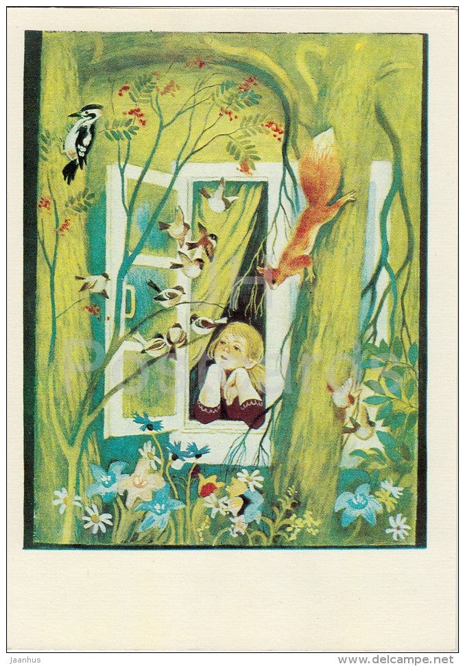 illustration - girl - squirrel - Don´t Cry Mushroom by D. Mrazkova - fairy tale  - 1979 - Russia USSR - unused - JH Postcards