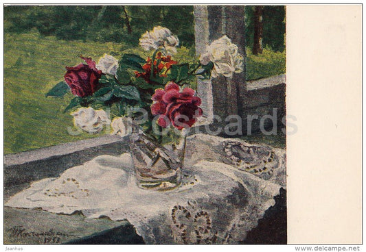 painting by P. Konchalovsky - Roses by the Window - flowers - Russian art - 1954 - Russia USSR - unused - JH Postcards