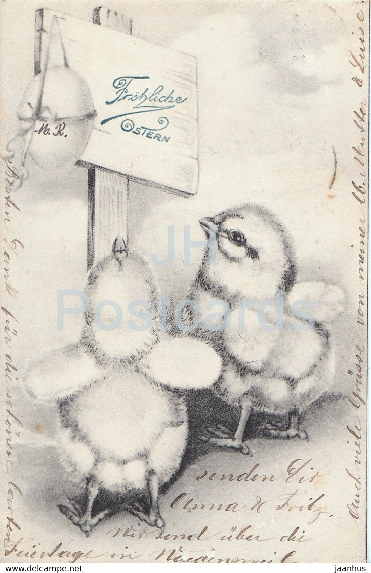 Easter Greeting Card - Frohliche Ostern - chicken - old postcard - 1903 - Germany - used - JH Postcards