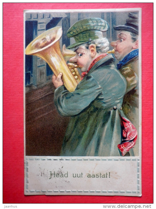 new year greeting card - trumpet - musicians - music - 2644 - circulated in Imperial Russia Estonia Wesenberg 1914 - JH Postcards