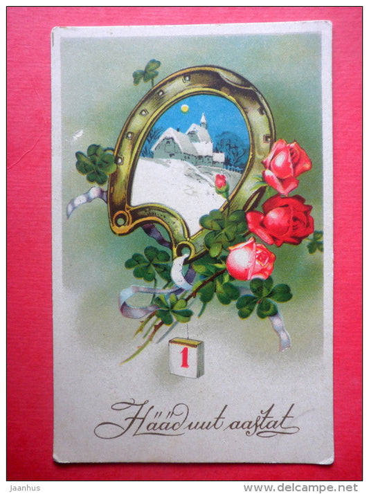 new year greeting card - fhorseshoe - red roses - flowers - winter view - circulated in Estonia 1939 - JH Postcards