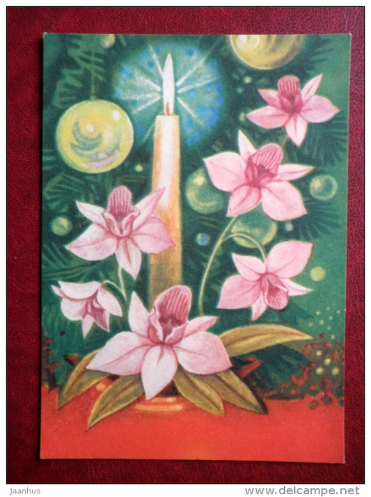 Greeting Card - by S. Väljal - candle - orchid - flowers - 1975 - Estonia USSR - unused - JH Postcards