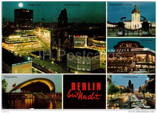 Berlin bei Nacht - Europa Center - Gedächtniskirche - Kongresshalle - Charlottenburger Schloss - Germany - 1978 gelaufen - JH Postcards