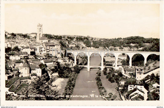 Fribourg - Ville - pont de Zaehringen - et la Sarine - bridge - 1210 - old postcard - 1948 - Switzerland - used - JH Postcards