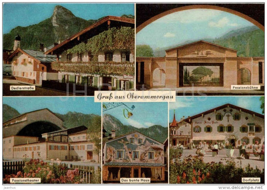 Gruss aus Oberammergau - Dedlerstrasse - Passionsbühne - Passionstheater - Dorfplatz - 108 - Germany - ungelaufen - JH Postcards